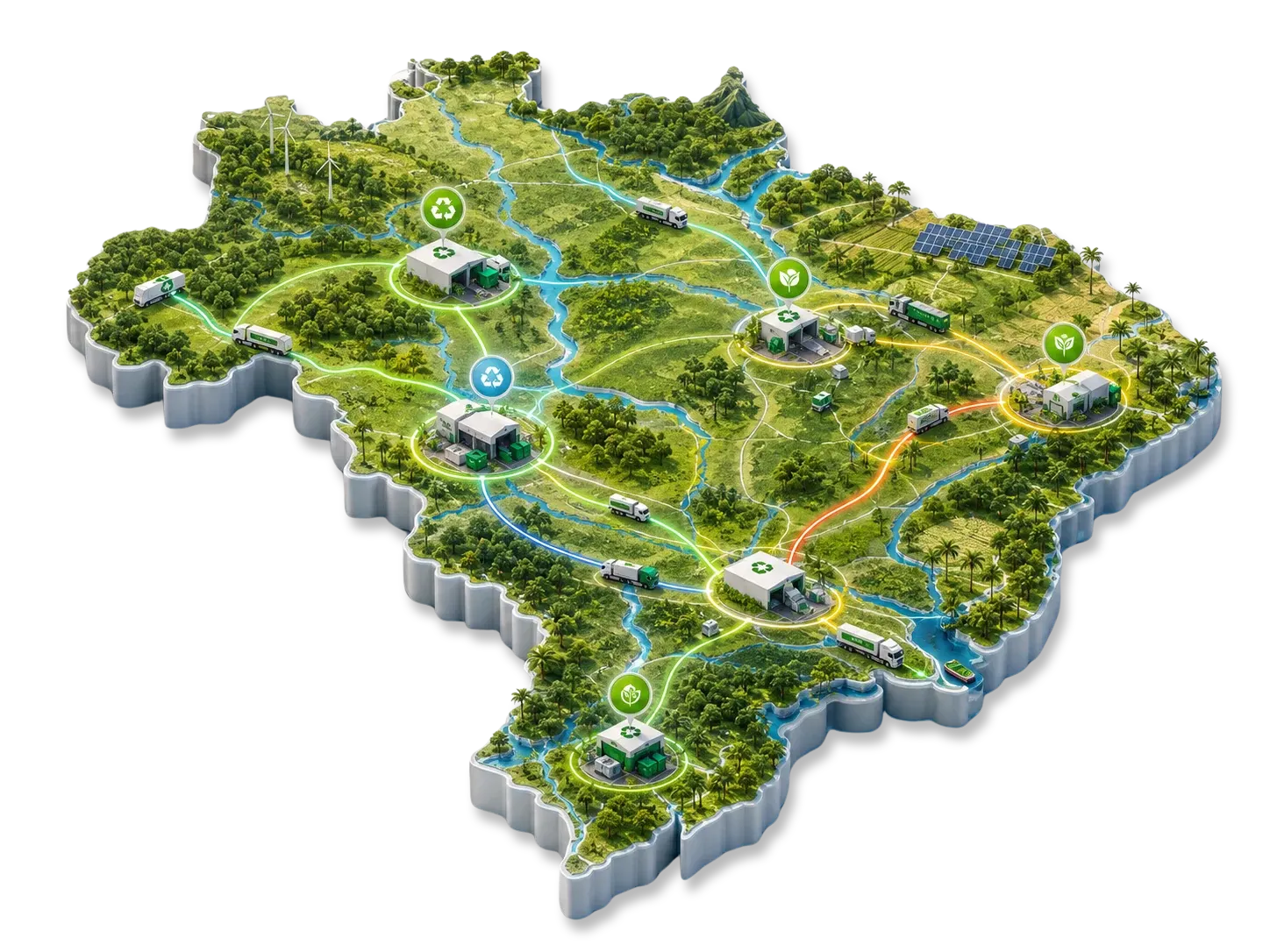 Mapa premium do Brasil com rotas de reciclagem, economia circular e saúde ambiental